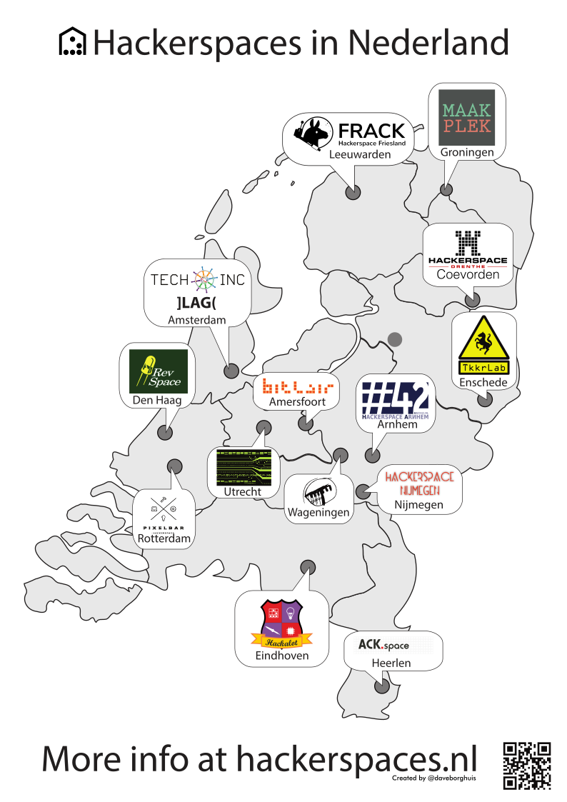 kaart hackerspaces in Nederland